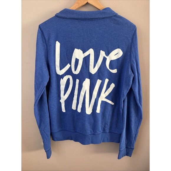 Victorias Secret Pink Blue Quarter Zip Fleece Sweatshirt Size Large - Picture 6 of 6